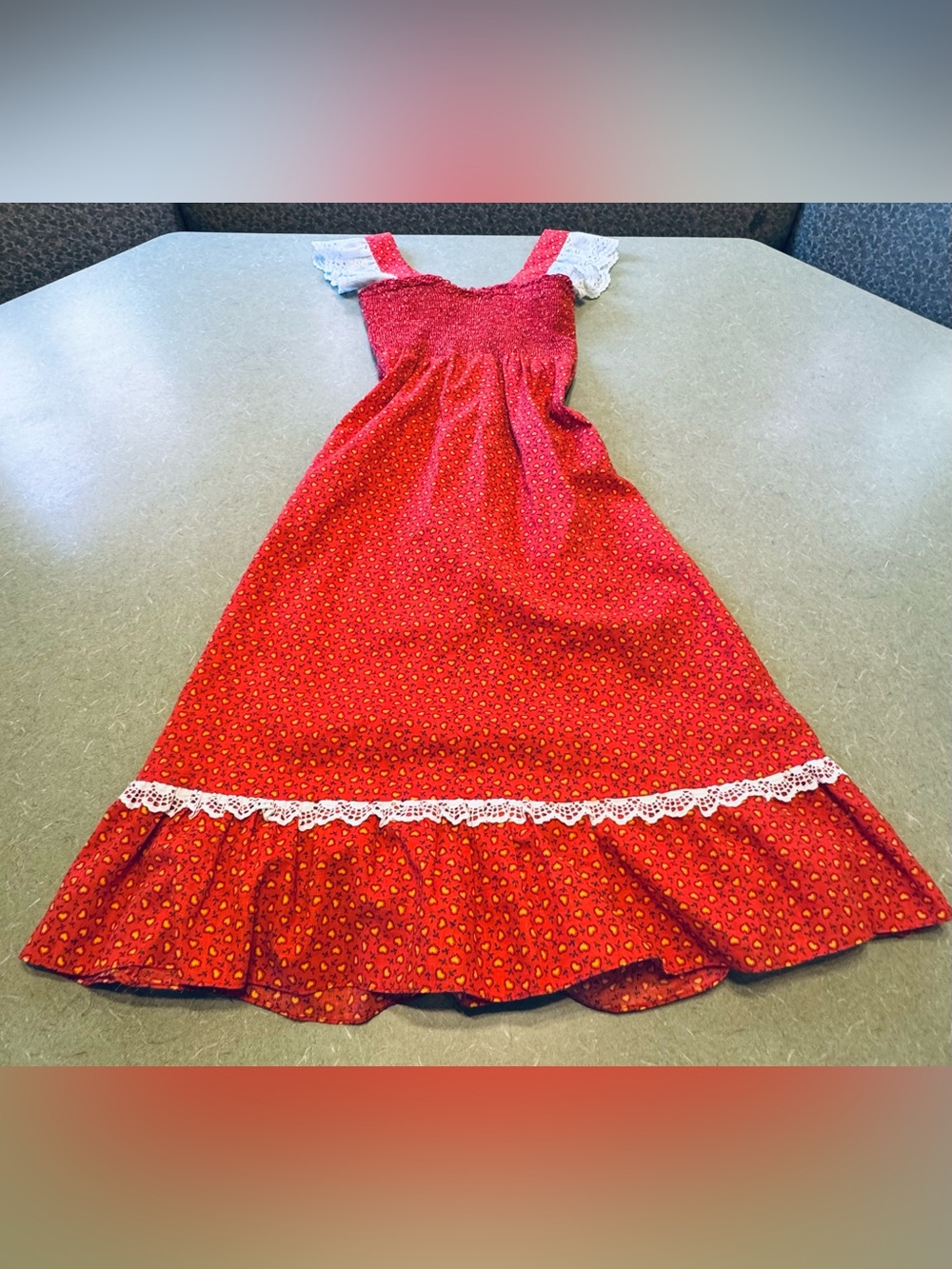 Vintage 70s Handmade Prairie Maxi Dress XS Red Calico Eyelet Lace